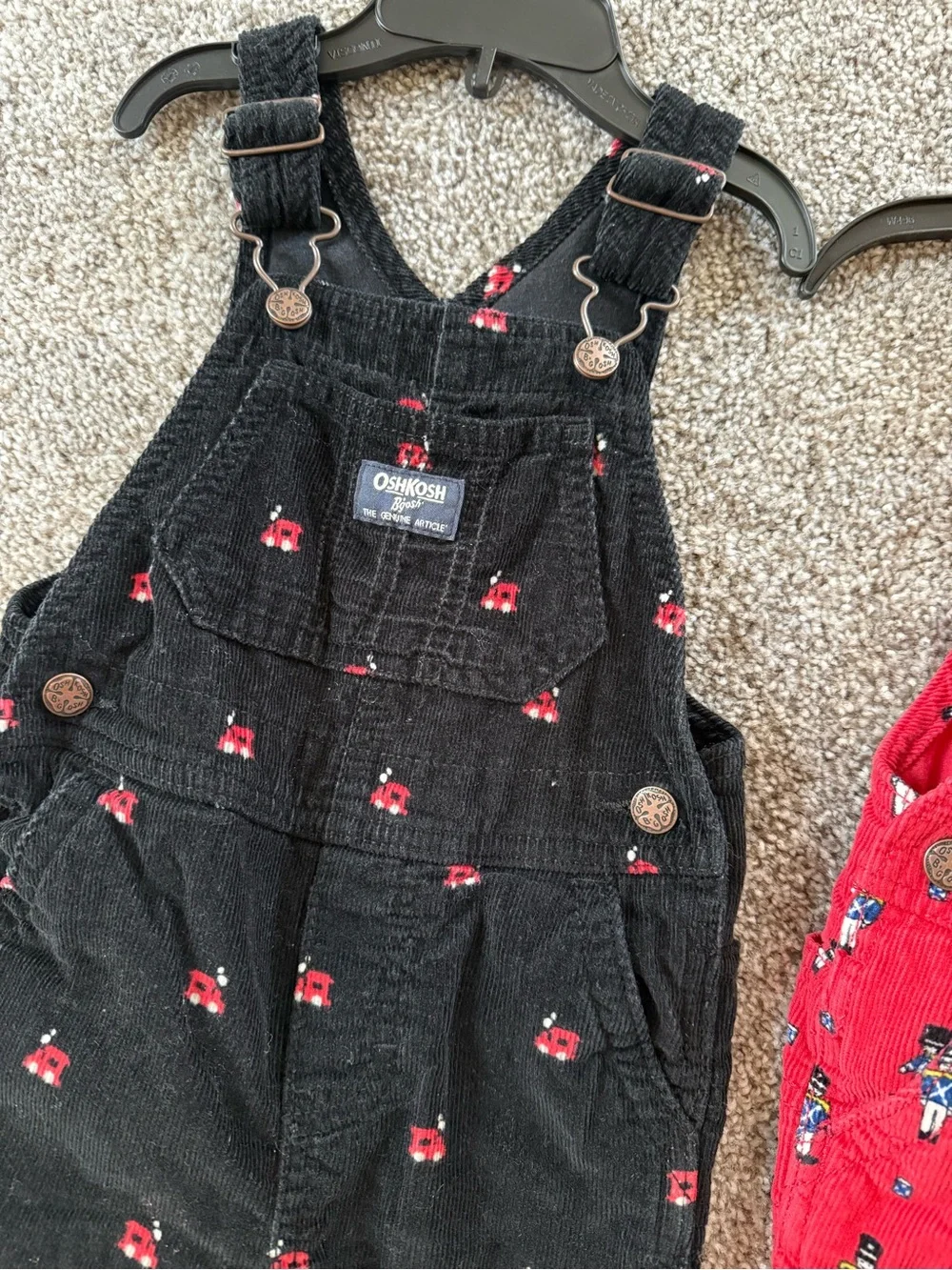 OshKosh B'gosh Red and Black Corduroy Overalls with Toy Soldier and trains